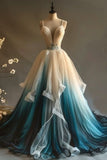 Ndyad A-Line V-Neck Tulle Applique Long Prom Dress, Spaghetti Strap Vintage Evening Dress HZ1024