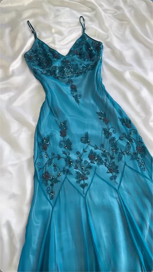Ndyad Prom Dresses Under $180??Gothic Spaghetti Straps Blue Satin Chiffon Sheath Evening Dress with Beading HZ1024