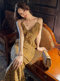 Ndyad retro leopard print v-neck ruffled chiffon suspender dress HZ1024