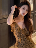 Ndyad retro leopard print v-neck ruffled chiffon suspender dress HZ1024