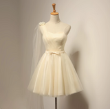Ndyad A-line sweetheart neck tulle short prom dress, champagne bridesmaid dress HZ1024