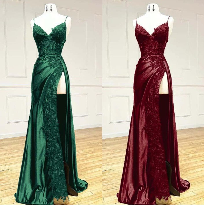 Ndyad Black Spaghetti Straps Evening Dresses Satin Sheath Long Prom Dresses with Slits HZ1024