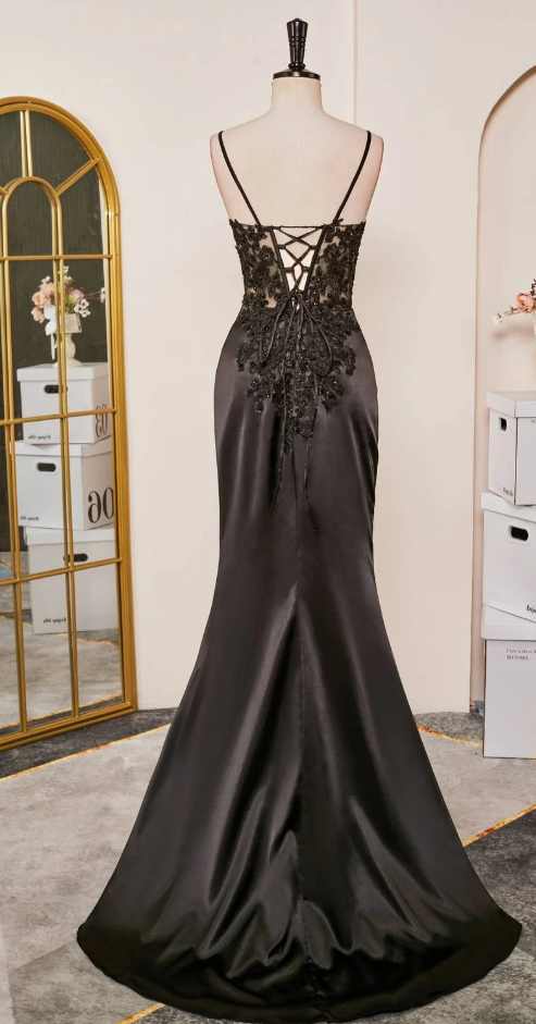 Ndyad Black Spaghetti Straps Evening Dresses Satin Sheath Long Prom Dresses with Slits HZ1024