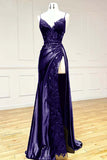 Ndyad Black Spaghetti Straps Evening Dresses Satin Sheath Long Prom Dresses with Slits HZ1024