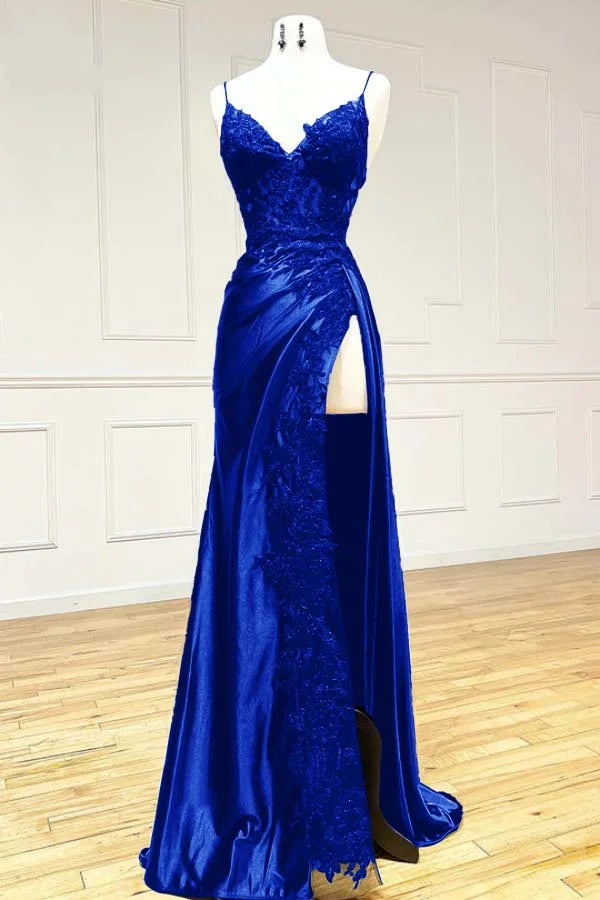 Ndyad Black Spaghetti Straps Evening Dresses Satin Sheath Long Prom Dresses with Slits HZ1024