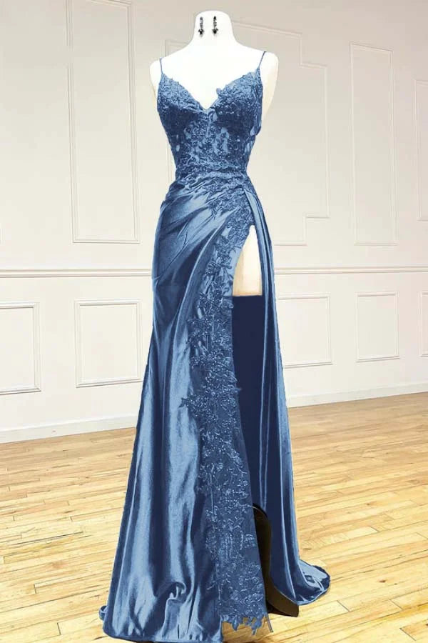 Ndyad Black Spaghetti Straps Evening Dresses Satin Sheath Long Prom Dresses with Slits HZ1024