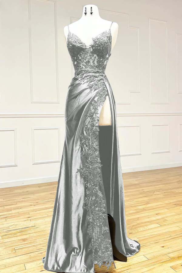 Ndyad Black Spaghetti Straps Evening Dresses Satin Sheath Long Prom Dresses with Slits HZ1024