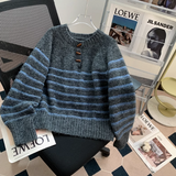 Ndyad horn button striped half open collar sweater HZ1024
