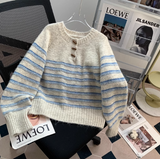 Ndyad horn button striped half open collar sweater HZ1024