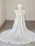 Ndyad A-line off-the-shoulder satin long prom dress, off-white long train dress HZ1024