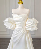 Ndyad A-line off-the-shoulder satin long prom dress, off-white long train dress HZ1024