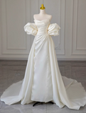 Ndyad A-line off-the-shoulder satin long prom dress, off-white long train dress HZ1024