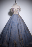 Ndyad A-line off-shoulder tulle sequined long prom dress, purple evening dress HZ1024
