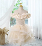 Ndyad A-line off-the-shoulder tulle lace short prom dress, champagne homecoming dress HZ1024