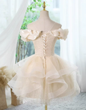 Ndyad A-line off-the-shoulder tulle lace short prom dress, champagne homecoming dress HZ1024