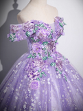 Ndyad A-Line Off Shoulder Tulle Lace Purple Long Prom Dress, Purple Long Formal Dress HZ1024