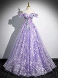 Ndyad A-Line Off Shoulder Tulle Lace Purple Long Prom Dress, Purple Long Formal Dress HZ1024