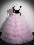 Ndyad V Neck Pink Tulle Long Prom Dress, Pink Long Formal Dress HZ1024