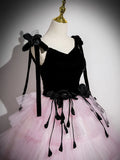 Ndyad V Neck Pink Tulle Long Prom Dress, Pink Long Formal Dress HZ1024