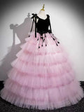 Ndyad V Neck Pink Tulle Long Prom Dress, Pink Long Formal Dress HZ1024