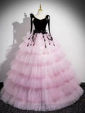 Ndyad V Neck Pink Tulle Long Prom Dress, Pink Long Formal Dress HZ1024