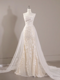 Ndyad mermaid tulle lace long prom dress, white wedding dress HZ1024