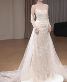 Ndyad mermaid tulle lace long prom dress, white wedding dress HZ1024