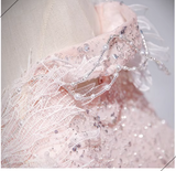 Ndyad A-line off-the-shoulder tulle lace sequined long prom dress, pink evening dress HZ1024