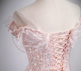 Ndyad A-line off-the-shoulder tulle lace sequined long prom dress, pink evening dress HZ1024