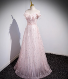 Ndyad A-line off-the-shoulder tulle lace sequined long prom dress, pink evening dress HZ1024