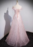 Ndyad A-line off-the-shoulder tulle lace sequined long prom dress, pink evening dress HZ1024