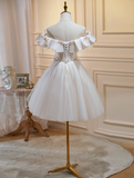 Ndyad A-line off-the-shoulder tulle sequin short prom dress, off-white homecoming dress birthday dress HZ1024