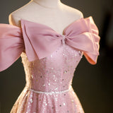 Ndyad A-line off-shoulder tulle sequin long prom dress, pink evening dress HZ1024
