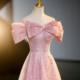 Ndyad A-line off-shoulder tulle sequin long prom dress, pink evening dress HZ1024