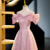 Ndyad A-line off-shoulder tulle sequin long prom dress, pink evening dress HZ1024