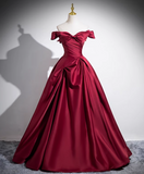 Ndyad A-line off-the-shoulder satin long prom dress, burgundy formal dress HZ1024