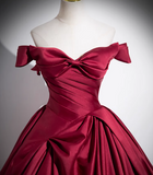 Ndyad A-line off-the-shoulder satin long prom dress, burgundy formal dress HZ1024