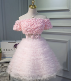 Ndyad A-line off-the-shoulder tulle short prom dress, pink bridesmaid dress HZ1024