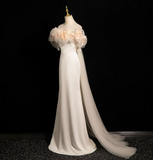 Ndyad A-line off-the-shoulder satin tulle long prom dress, off-white formal dress HZ1024