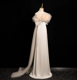 Ndyad A-line off-the-shoulder satin tulle long prom dress, off-white formal dress HZ1024