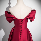 Ndyad A-line off-the-shoulder satin long prom dress, burgundy formal long dress HZ1024