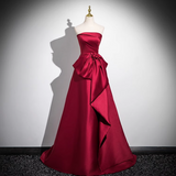 Ndyad A-line off-the-shoulder satin long prom dress, burgundy formal long dress HZ1024
