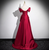 Ndyad A-line off-the-shoulder satin long prom dress, burgundy formal long dress HZ1024