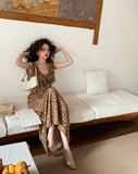 Ndyad retro leopard print v-neck sling ruffle summer slim fit chiffon long skirt for women HZ1024