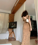 Ndyad retro leopard print v-neck sling ruffle summer slim fit chiffon long skirt for women HZ1024