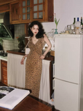 Ndyad retro leopard print v-neck sling ruffle summer slim fit chiffon long skirt for women HZ1024