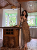 Ndyad retro leopard print v-neck sling ruffle summer slim fit chiffon long skirt for women HZ1024