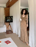 Ndyad retro leopard print v-neck sling ruffle summer slim fit chiffon long skirt for women HZ1024