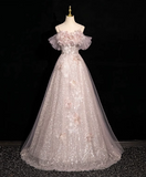 Ndyad A-line off-shoulder sequined tulle long prom dress, pink formal long dress HZ1024