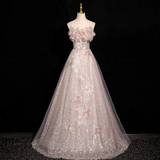 Ndyad A-line off-shoulder sequined tulle long prom dress, pink formal long dress HZ1024